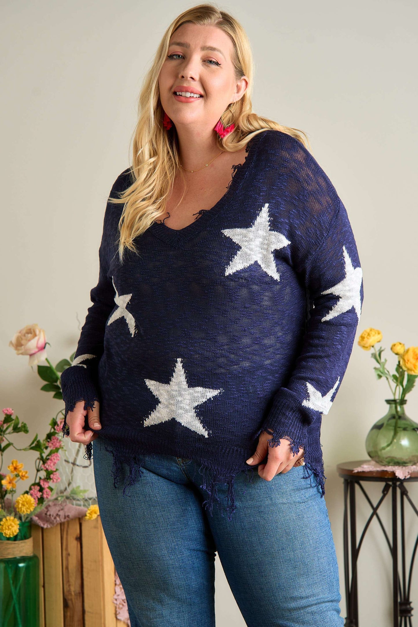 Distressed Star Sweater Top-Plus