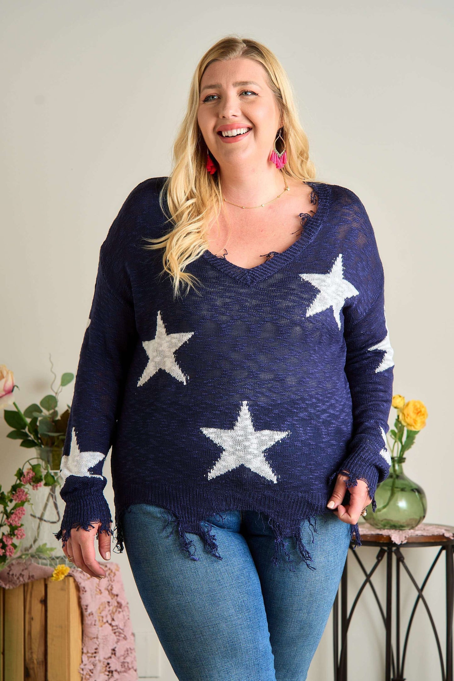 Distressed Star Sweater Top-Plus