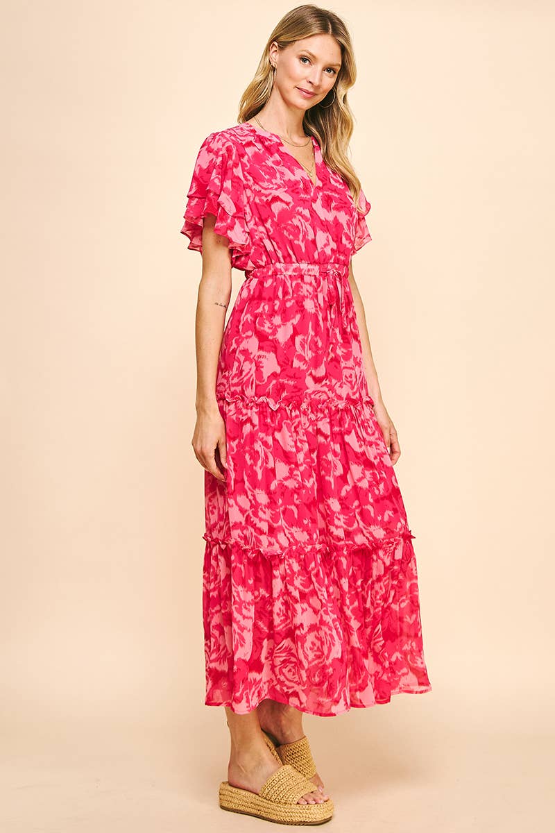 PRINT TIERED MAXI DRESS - PINK MULTI