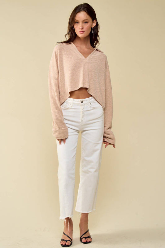 Cropped Long Sleeve Sweater With Collar