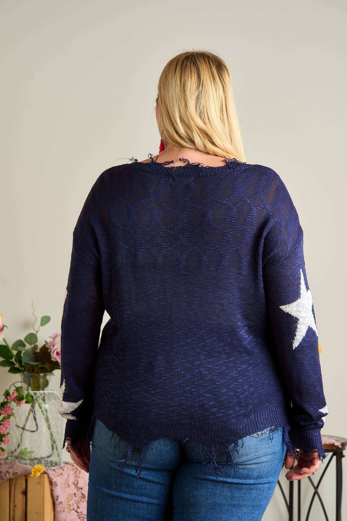 Distressed Star Sweater Top-Plus