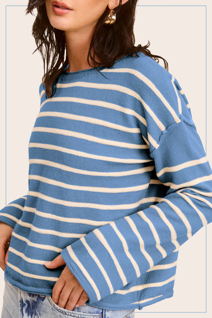 Striped Round Neck Loose Fit Long Sleeve Sweater