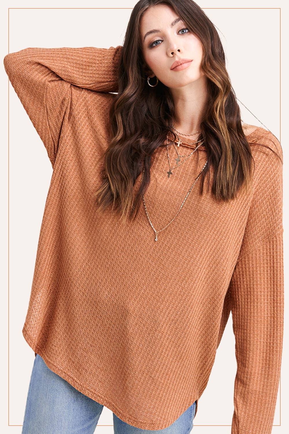 Brushed Waffle Fabric Loose Fit Long Sleeve Top