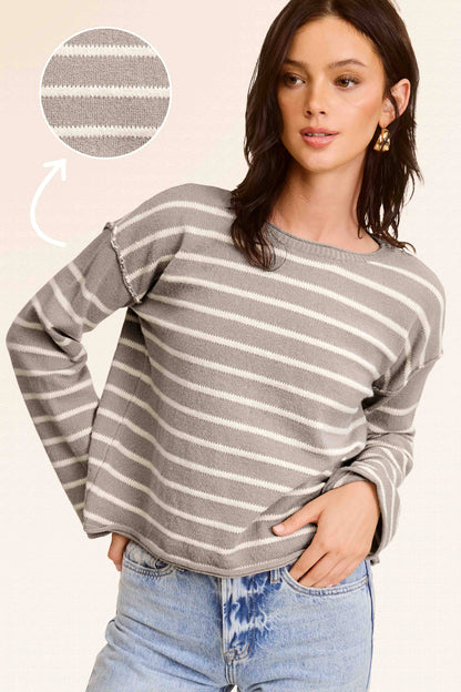 Striped Round Neck Loose Fit Long Sleeve Sweater