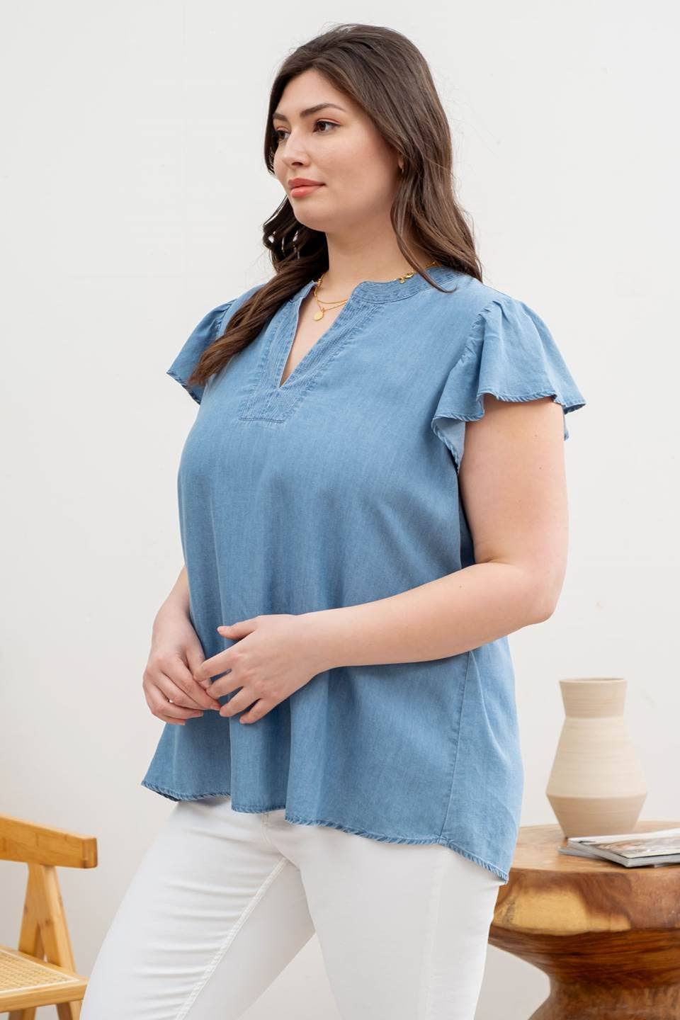 Ruffle Sleeve Chambray