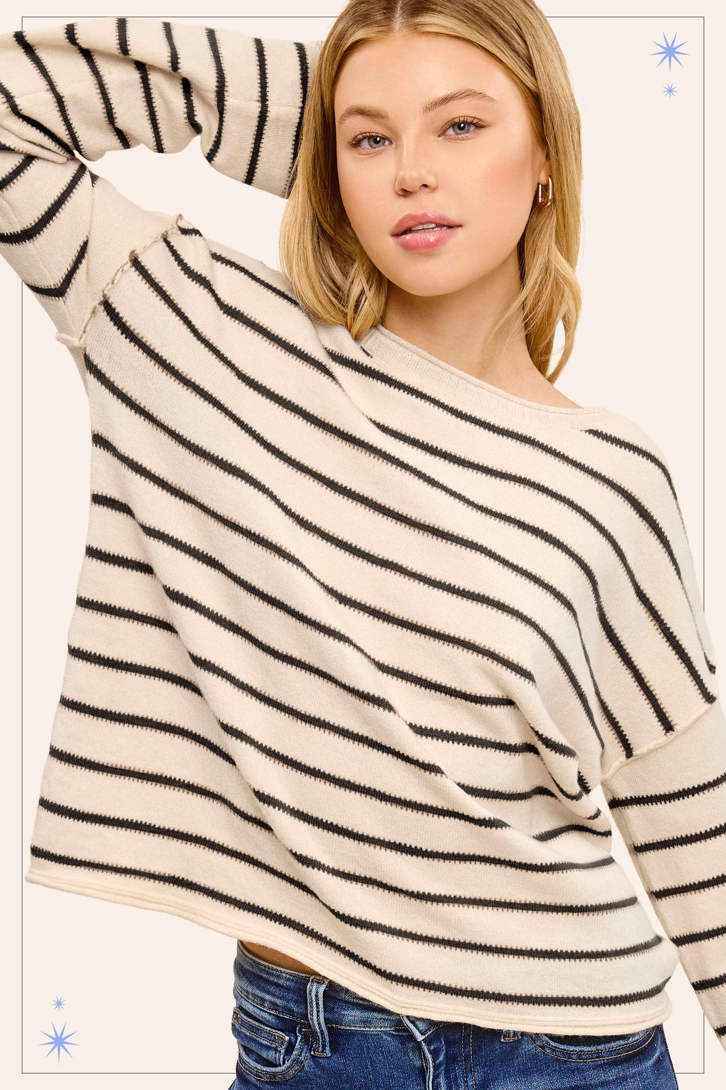 Striped Round Neck Loose Fit Long Sleeve Sweater