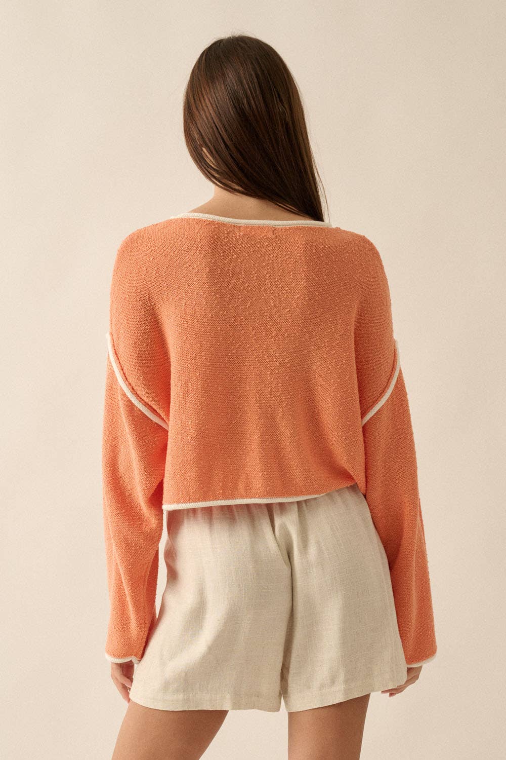 Loose Knit Boat Neck Exposed Seam Crop Sweater