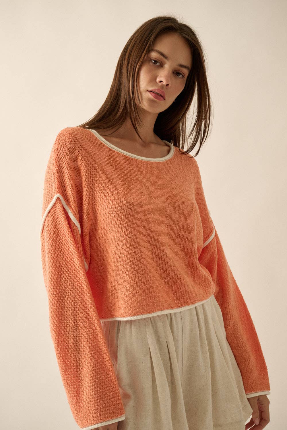 Loose Knit Boat Neck Exposed Seam Crop Sweater