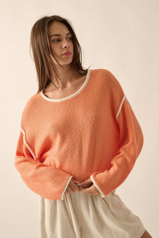 Loose Knit Boat Neck Exposed Seam Crop Sweater