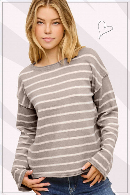 Striped Round Neck Loose Fit Long Sleeve Sweater