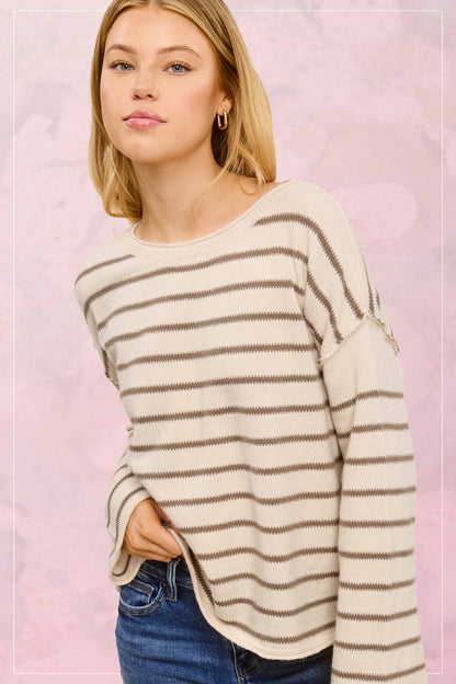 Striped Round Neck Loose Fit Long Sleeve Sweater