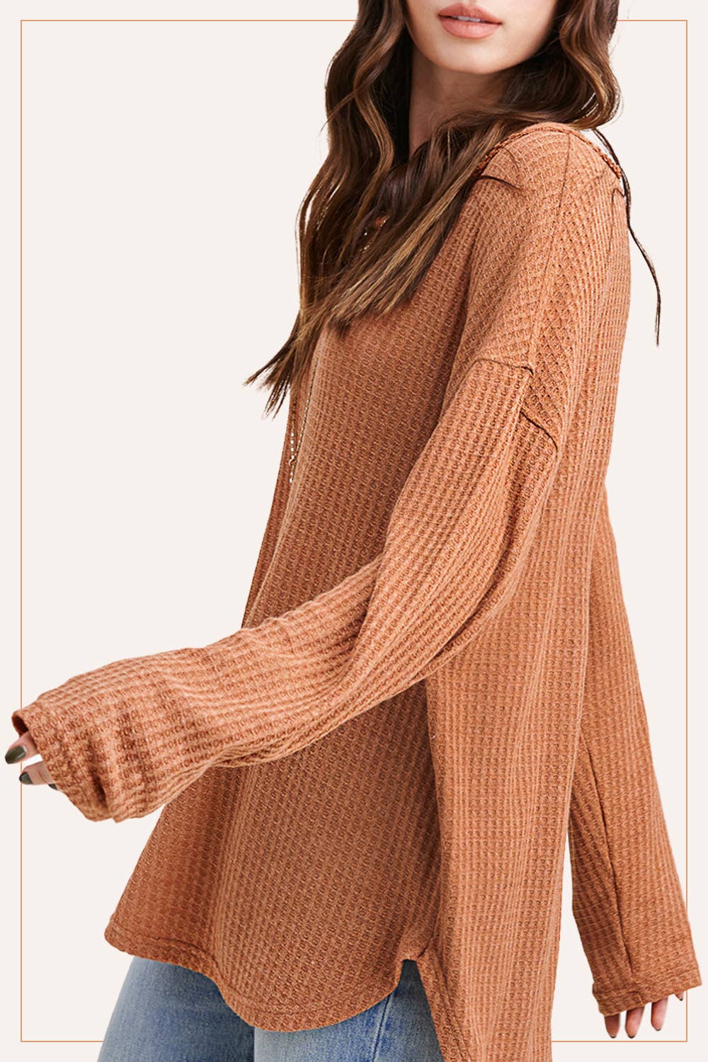 Brushed Waffle Fabric Loose Fit Long Sleeve Top