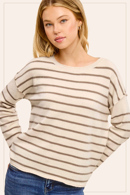 Striped Round Neck Loose Fit Long Sleeve Sweater