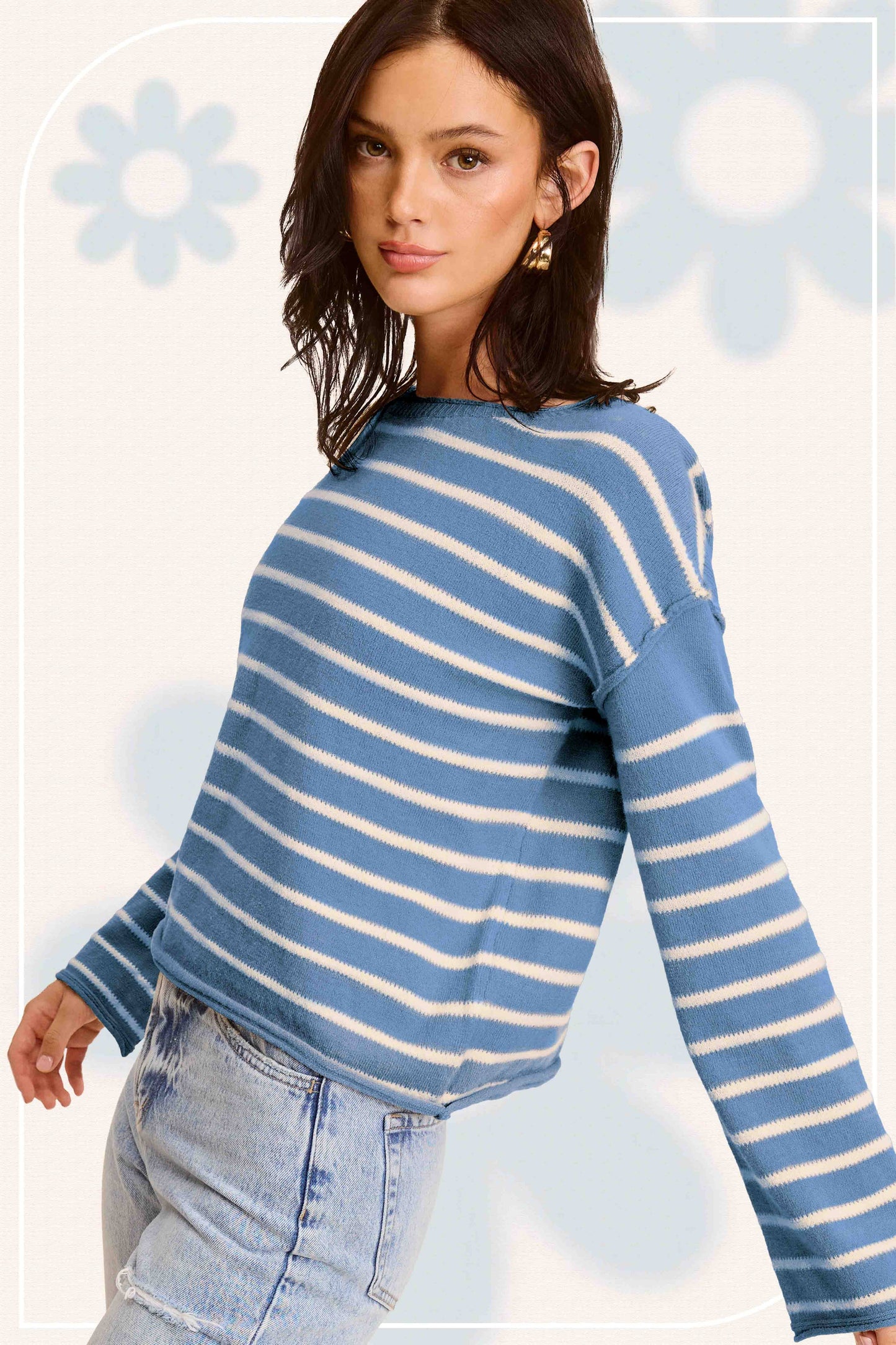 Striped Round Neck Loose Fit Long Sleeve Sweater