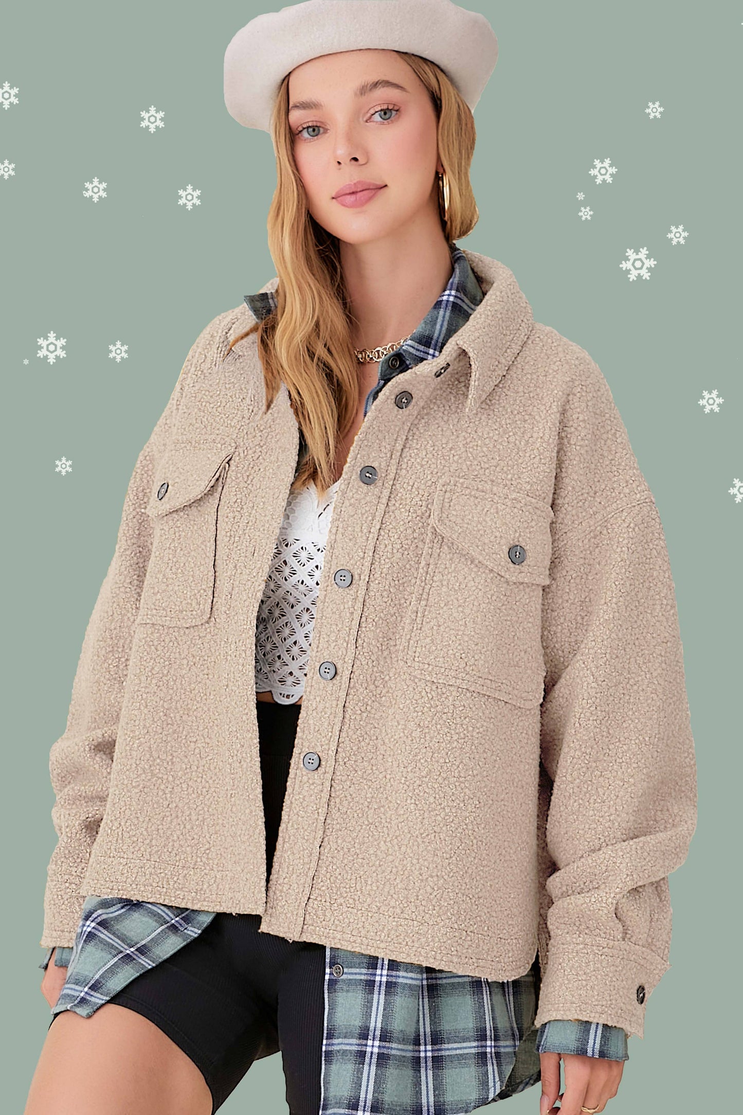 Textured Design Fuzzy Fabric Button Down Jacket