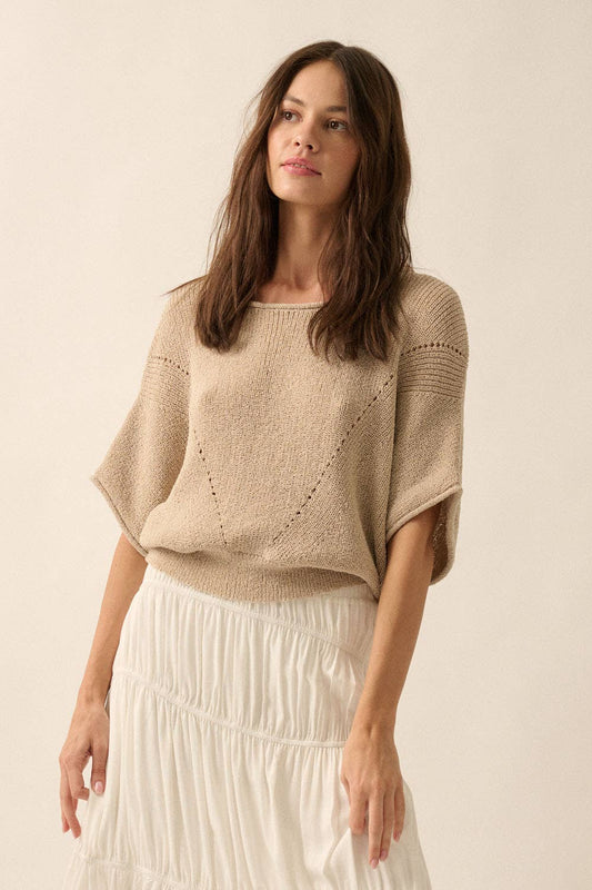 Short-Sleeve Pointelle Ribbed Knit Sweater