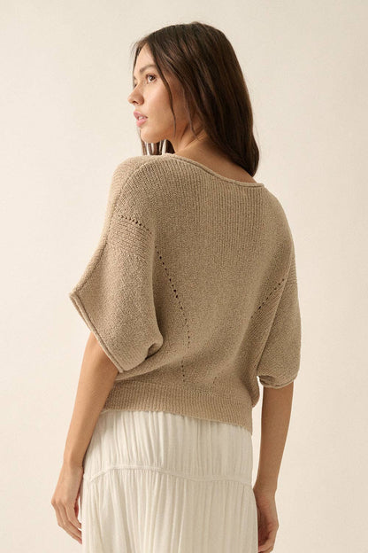 Short-Sleeve Pointelle Ribbed Knit Sweater