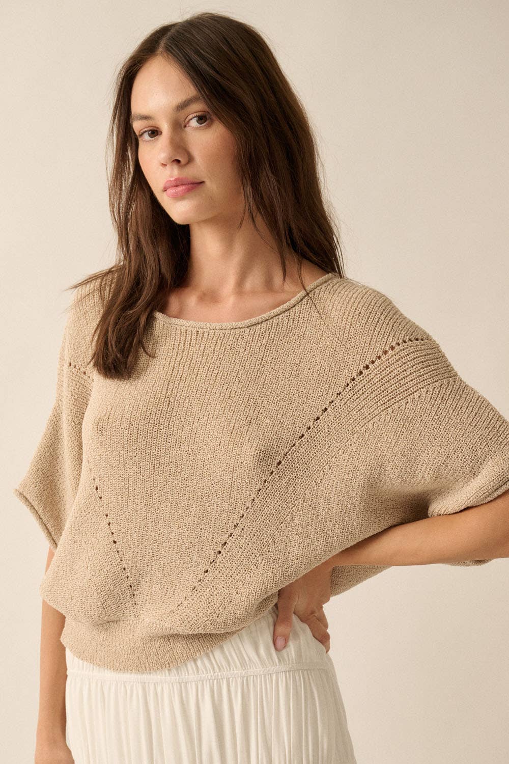 Short-Sleeve Pointelle Ribbed Knit Sweater