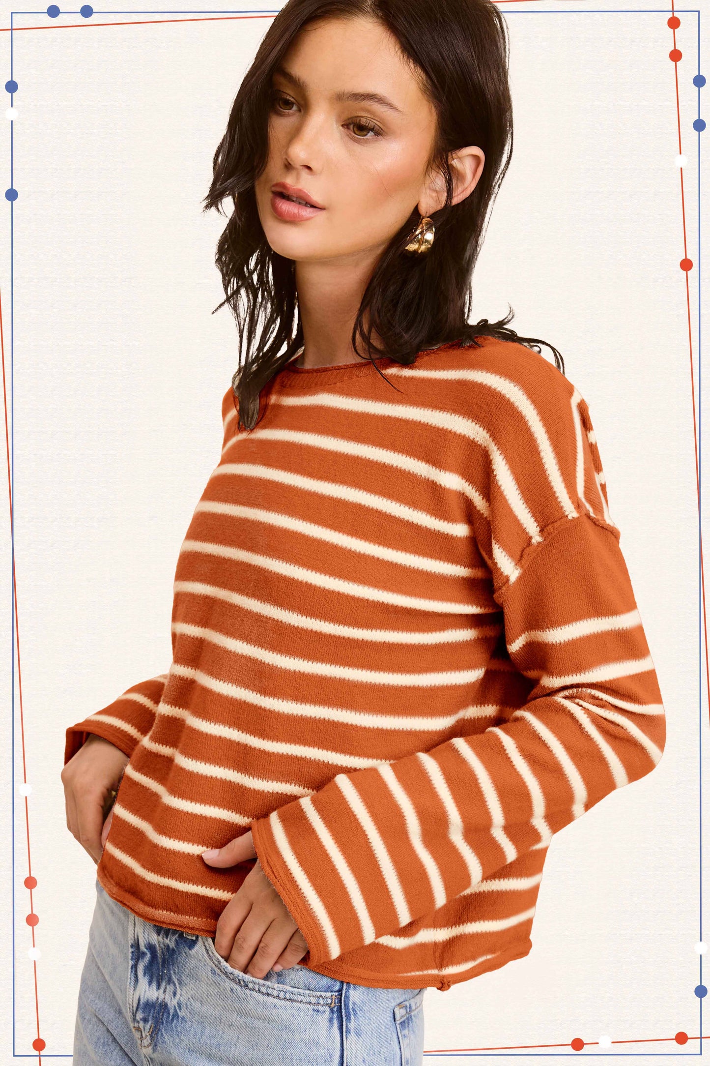 Striped Round Neck Loose Fit Long Sleeve Sweater