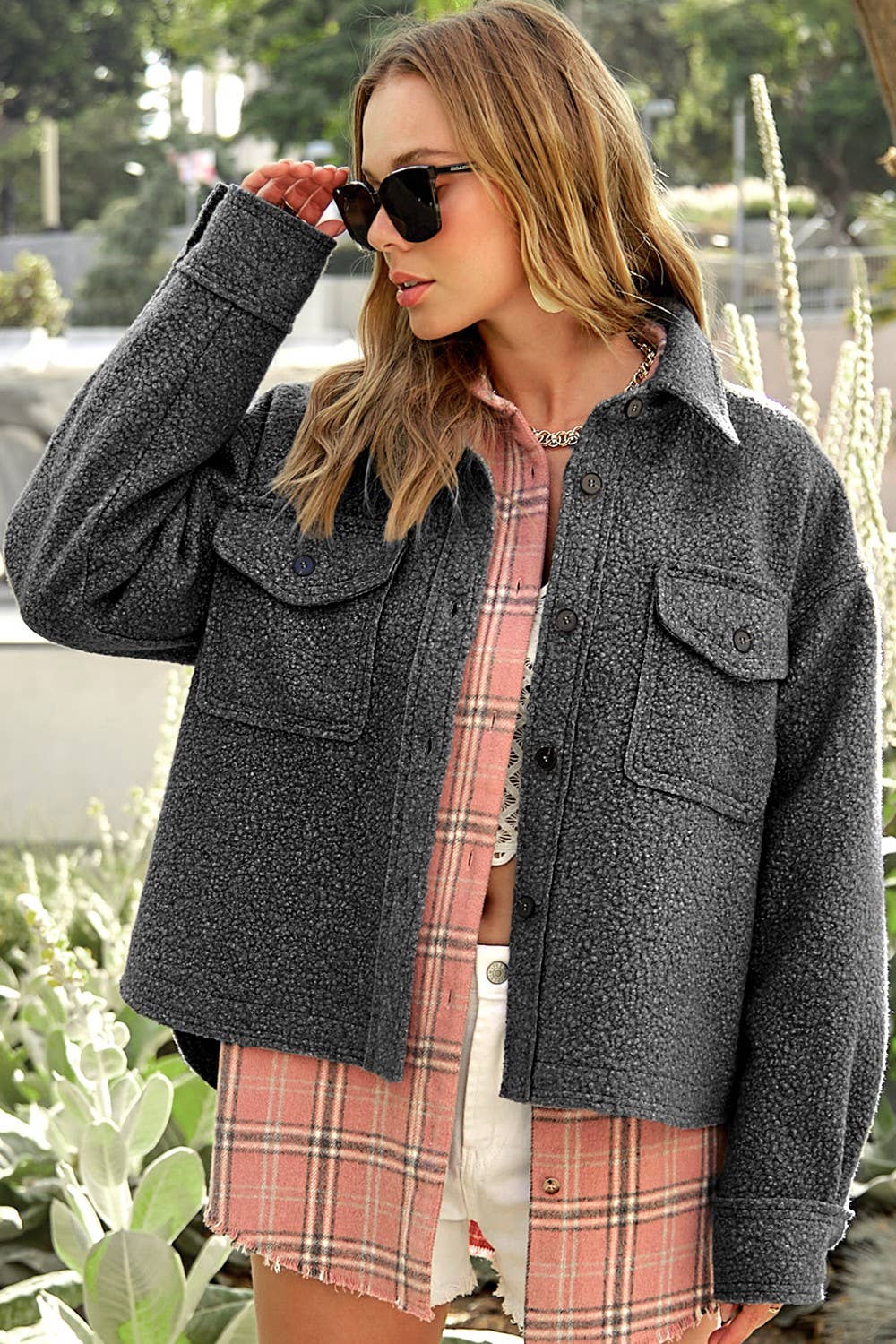 Textured Design Fuzzy Fabric Button Down Jacket