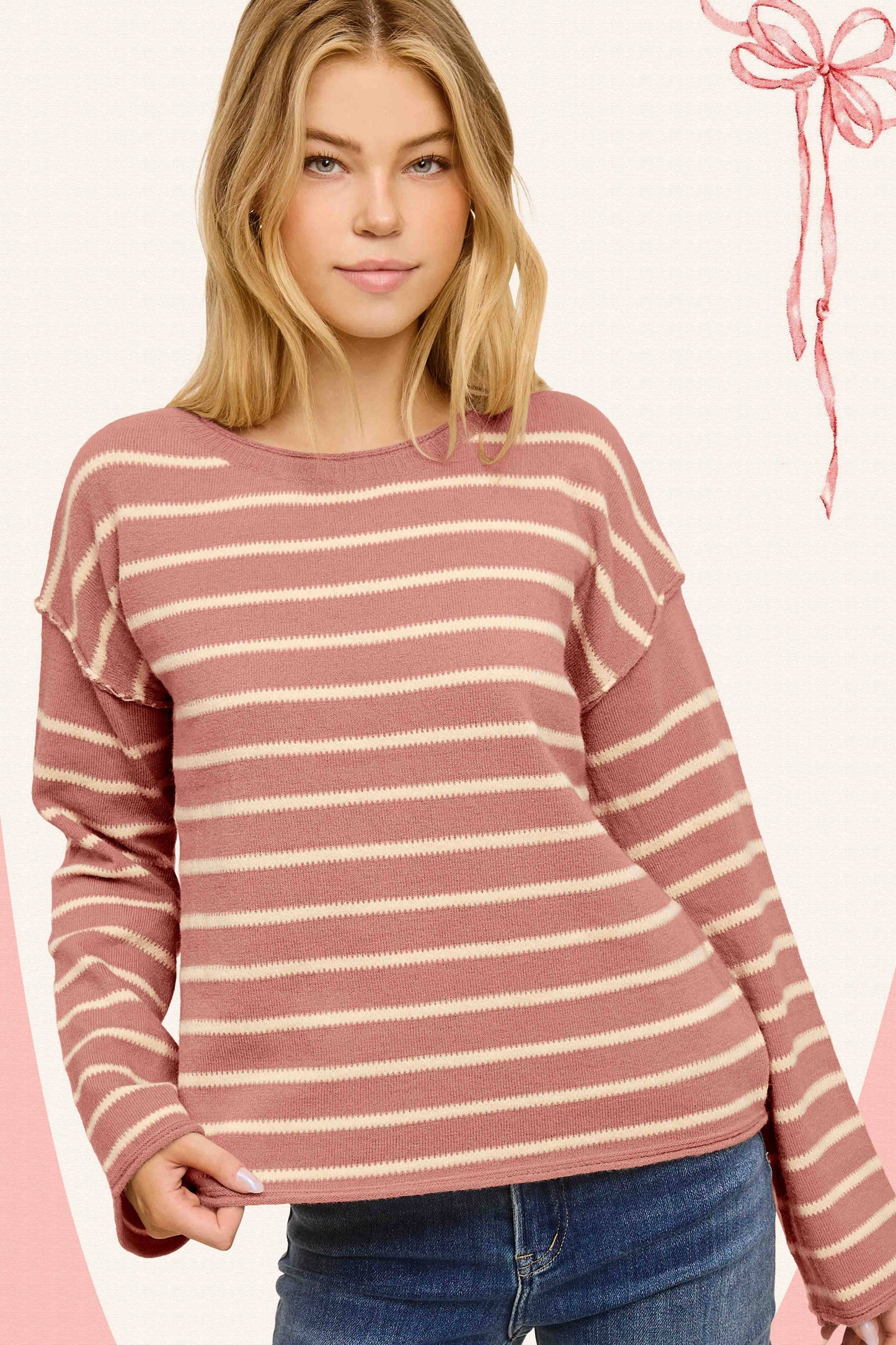 Striped Round Neck Loose Fit Long Sleeve Sweater