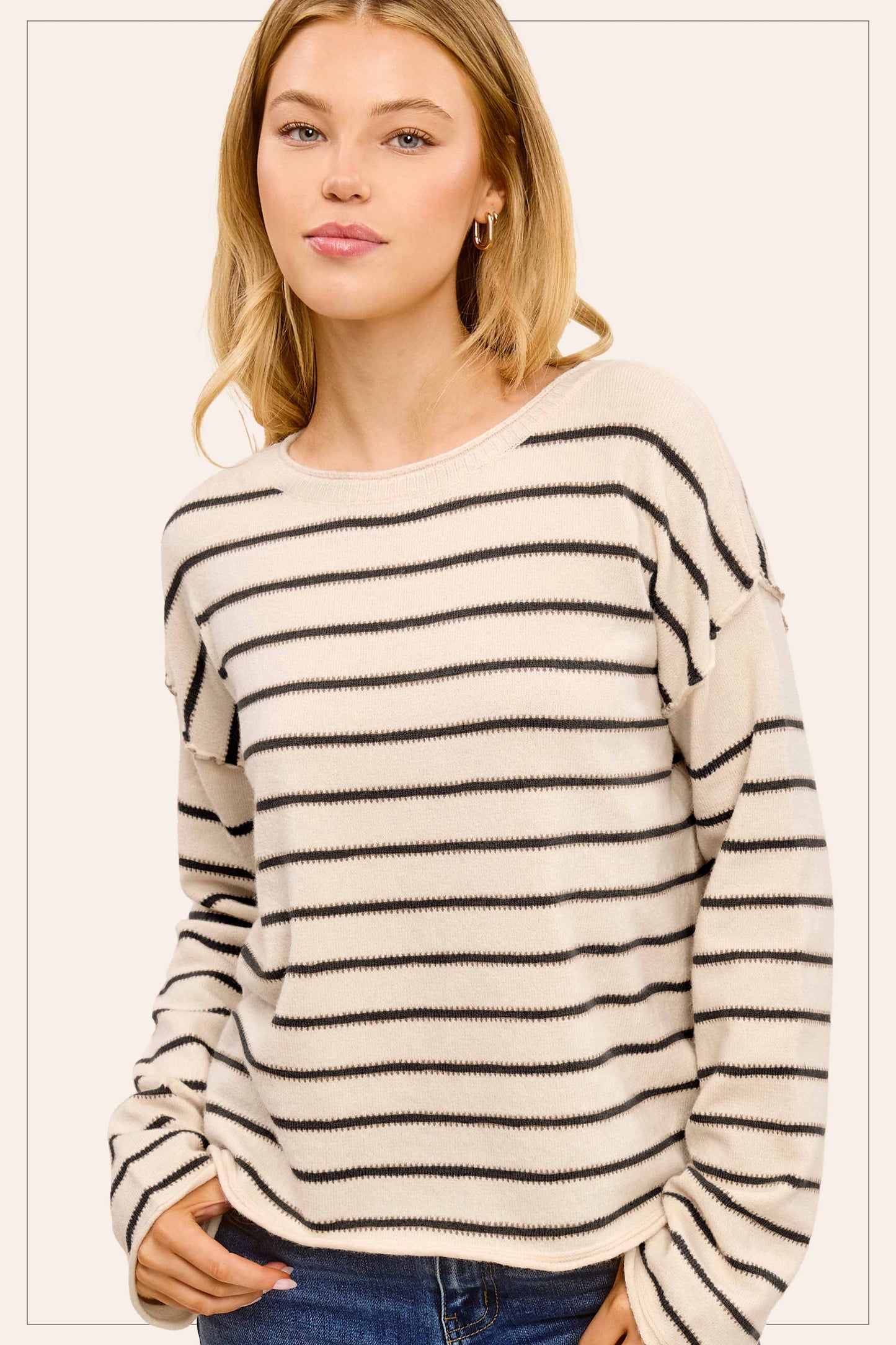 Striped Round Neck Loose Fit Long Sleeve Sweater