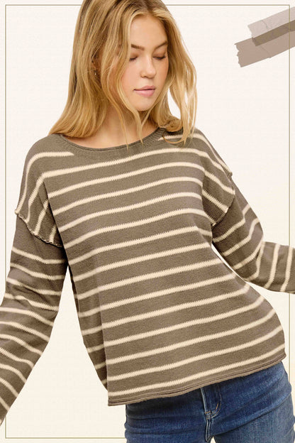 Striped Round Neck Loose Fit Long Sleeve Sweater