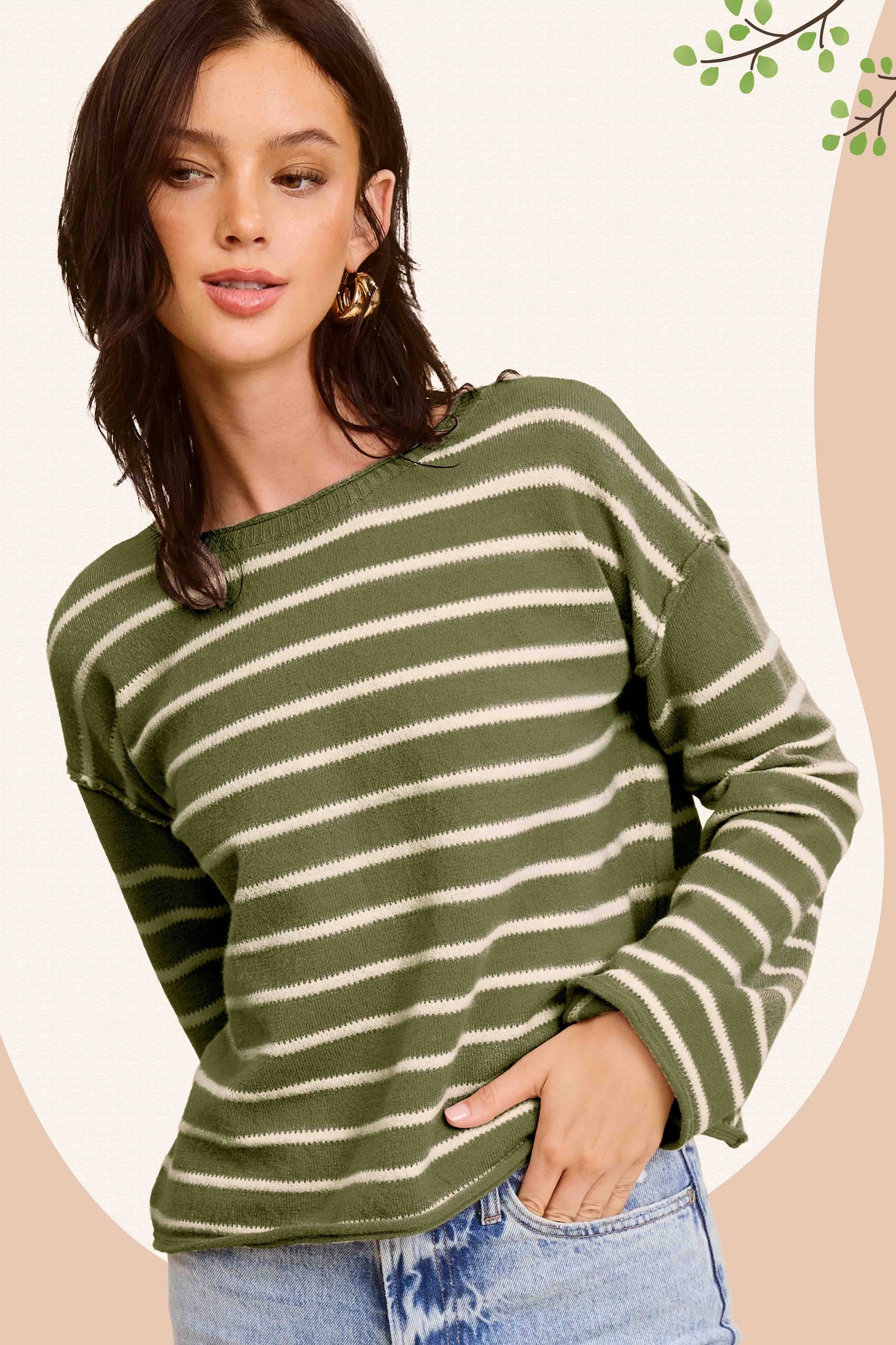 Striped Round Neck Loose Fit Long Sleeve Sweater