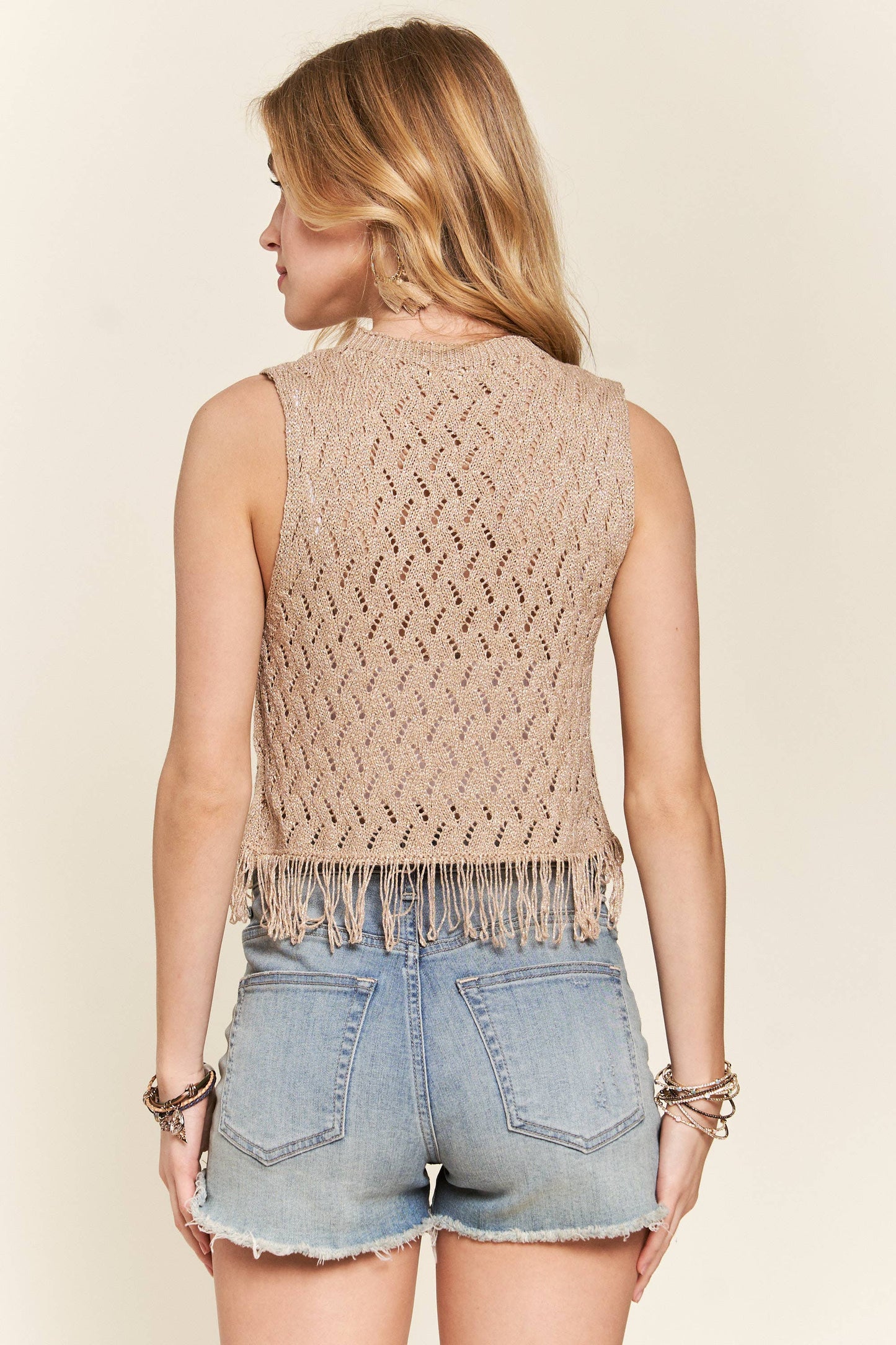 Fringe Hem Lurex Crochet Vest Top