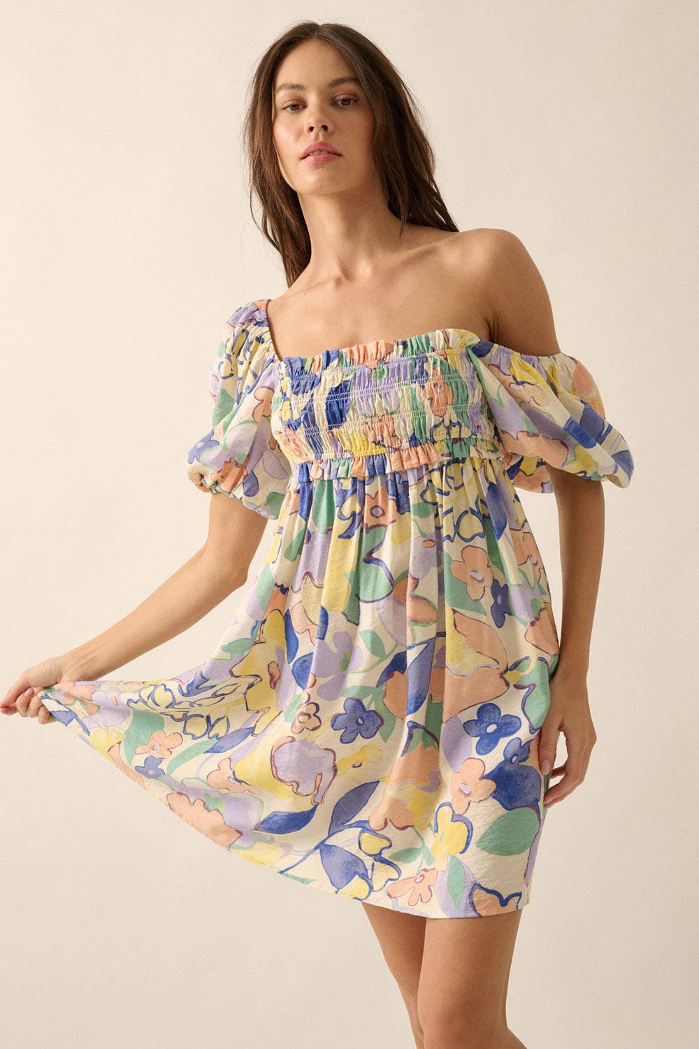 Floral Smocked Puff-Sleeve Babydoll Mini Dress